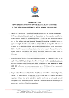 Invitation to Bid for the Renovation Work for the Asean Satellite Warehouse in Camp Aguinaldo, Quezon City, Metro Manila, the Philippines