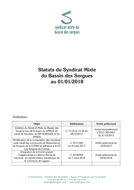 Statuts Du Syndicat Mixte Du Bassin Des Sorgues Au 01/01/2018