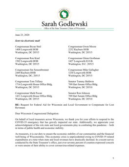 June 23, 2020 Sent Via Electronic Mail Congressman Bryan Steil 1408 Longworth HOB Washington, DC 20515 Congressman Ron Kind 1502