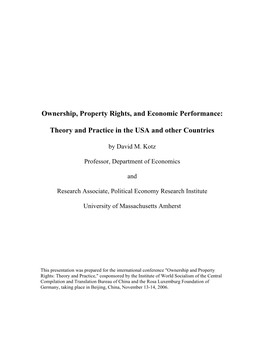 Ownership, Property Rights, and Economic Performance: Theory and Practice in the USA and Other Countries