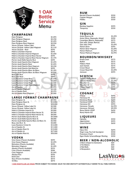 1 OAK Bottle Service Menu Prices for Champagne & Liquor