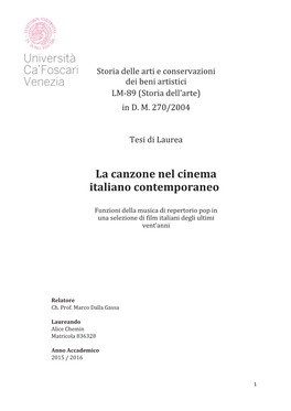 La Canzone Nel Cinema Italiano Contemporaneo