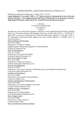 Deliberazione Della Giunta Regionale 7 Ottobre 2010, N. 25-741 Legge Regionale 17 Novembre 1983, N. 22 "Interventi Per La S