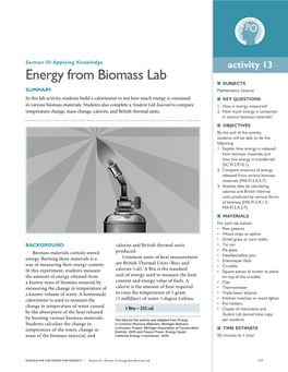 Activity 13: Energy from Biomass Lab 137 Teacher Teacher Instructions