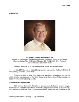 "Sonny" BELMONTE, JR. Speaker of the House of Representatives of The