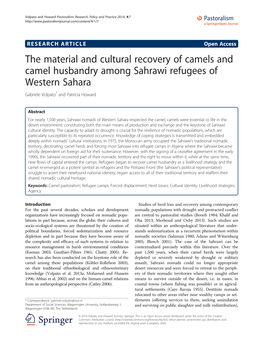 The Material and Cultural Recovery of Camels and Camel Husbandry Among Sahrawi Refugees of Western Sahara Gabriele Volpato* and Patricia Howard