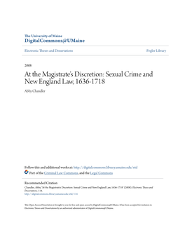 Sexual Crime and New England Law, 1636-1718 Abby Chandler