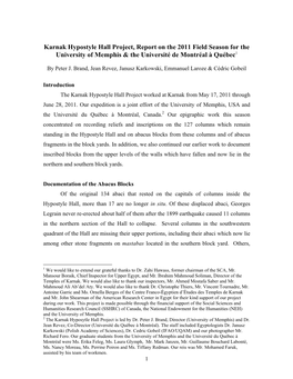 Karnak Hypostyle Hall Project, Report on the 2011 Field Season for the University of Memphis & the Université De Montréal À Québec1