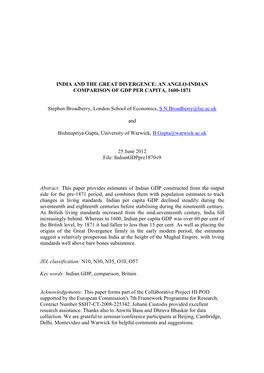 India and the Great Divergence: an Anglo-Indian Comparison of Gdp Per Capita, 1600-1871