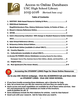 Access to Online Databases USC High School Library 2015-2016 (Revised June 2015)