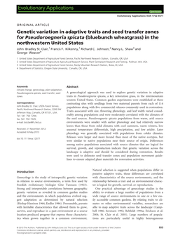 Genetic Variation in Adaptive Traits and Seed Transfer Zones for Pseudoroegneria Spicata (Bluebunch Wheatgrass) in the Northwestern United States John Bradley St