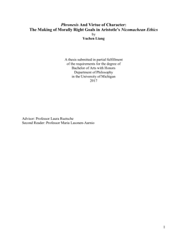 Phronesis and Virtue of Character: the Making of Morally Right Goals in Aristotle’S Nicomachean Ethics by Yuchen Liang