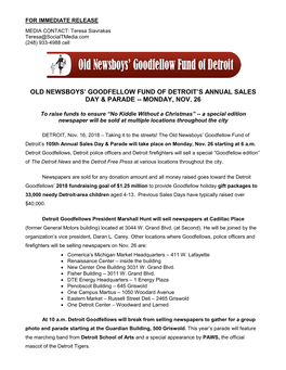 Old Newsboys' Goodfellow Fund of Detroit's Annual Sales Day & Parade -- Monday, Nov. 26