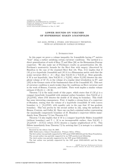 LOWER BOUNDS on VOLUMES of HYPERBOLIC HAKEN 3-MANIFOLDS 1. Introduction in This Paper We Prove a Volume Inequality for 3-Manifol