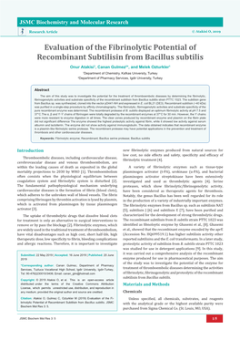 Evaluation of the Fibrinolytic Potential of Recombinant Subtilisin from Bacillus Subtilis