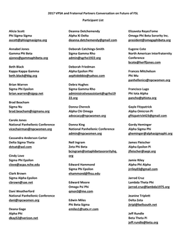 2017 VPSA and Fraternal Partners Conversation on Future of FSL Participant List Alicia Scott Phi Sigma Sigma Ascott@Phisigmasigm