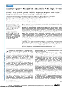 Exome Sequence Analysis of 14 Families with High Myopia