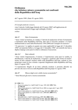 Ordinanza Che Istituisce Misure Economiche Nei Confronti Della Repubblica Dell’Iraq1 Del 7 Agosto 1990 (Stato 30 Agosto 2005)