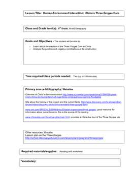 Human-Environment Interaction: China's Three Gorges Dam Class