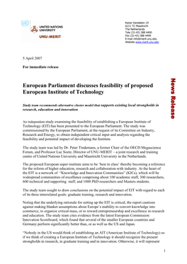European Parliament Discusses Feasibility of Proposed European Institute of Technology
