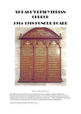 St Paul'presbyterian Church 1914-1918 Honour Board