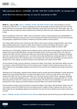 HBO Premieres BULLY. COWARD. VICTIM: the ROY COHN STORY, an Intimate Look at the Life of the Infamous Attorney, on June 23, Exclusively on HBO