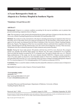 A 5-Year Retrospective Study on Alopecia in a Tertiary Hospital in Southern Nigeria