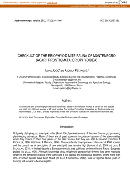 Checklist of the Eriophyoid Mite Fauna of Montenegro (Acari: Prostigmata: Eriophyoidea)