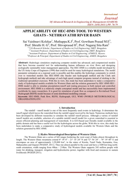 Applicability of Hec-Hms Tool to Western Ghats - Nethravathi River Basin