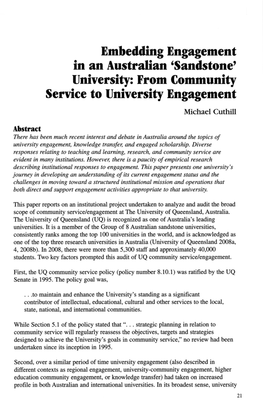 Embedding Engagement in an Australian 'Sandstone' University: from Community Service to University Engagement Michael Cuthill