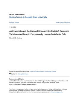 An Examination of the Human Fibrinogen-Like Protein2: Sequence Variations and Genetic Expression by Human Endothelial Cells