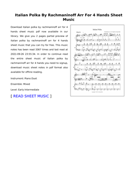 Italian Polka by Rachmaninoff Arr for 4 Hands Sheet Music