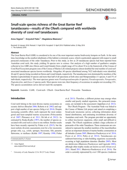 Small-Scale Species Richness of the Great Barrier Reef Tanaidaceans—Results of the Creefs Compared with Worldwide Diversity of Coral Reef Tanaidaceans