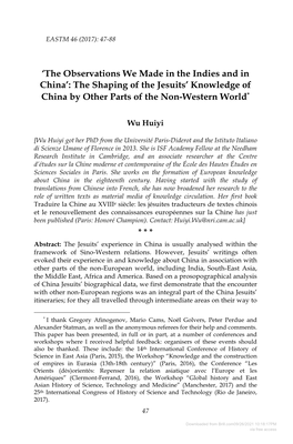 The Observations We Made in the Indies and in China’: the Shaping of the Jesuits’ Knowledge of China by Other Parts of the Non-Western World*