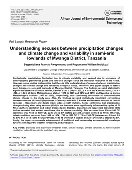 Understanding Nexuses Between Precipitation Changes and Climate Change and Variability in Semi-Arid Lowlands of Mwanga District, Tanzania