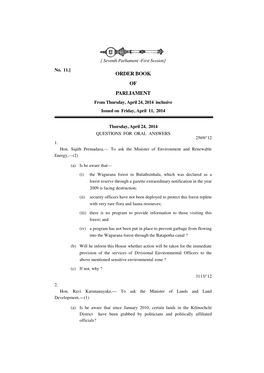 ORDER BOOK of PARLIAMENT from Thursday, April 24, 2014 Inclusive Issued on Friday, April 11, 2014