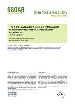 The Right to Adequate Housing in International Human Rights Law: Polish Transformation Experiences Terminski, Bogumil