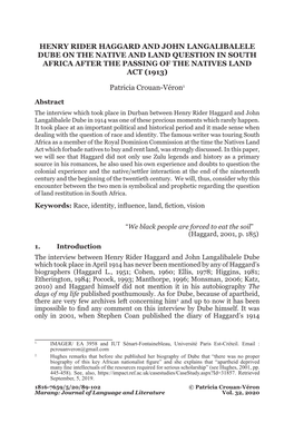 Henry Rider Haggard and John Langalibalele Dube on the Native and Land Question in South Africa After the Passing of the Natives Land Act (1913)