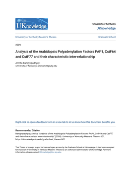Analysis of the Arabidopsis Polyadenylation Factors PAP1, Cstf64 and Cstf77 and Their Characteristic Inter-Relationship