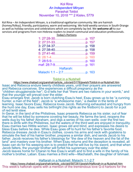 Kol Rina an Independent Minyan Parashat Toldot November 10, 2018 *** 2 Kislev, 5779