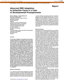 Report Abnormal Fmri Adaptation to Unfamiliar Faces in a Case of Developmental Prosopamnesia