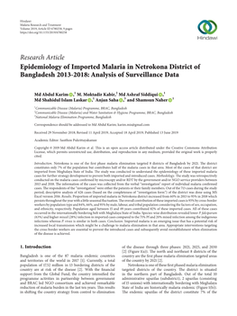 Epidemiology of Imported Malaria in Netrokona District of Bangladesh 2013-2018: Analysis of Surveillance Data