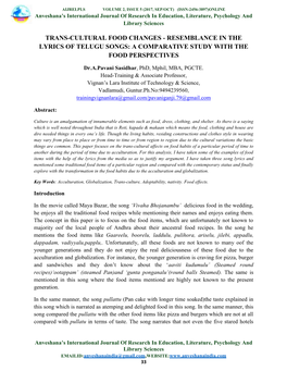 Trans-Cultural Food Changes - Resemblance in the Lyrics of Telugu Songs: a Comparative Study with the Food Perspectives