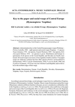 Key to the Paper and Social Wasps of Central Europe (Hymenoptera: Vespidae)