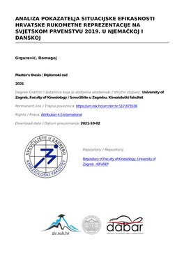 Analiza Pokazatelja Situacijske Efikasnosti Hrvatske Rukometne Reprezentacije Na Svjetskom Prvenstvu 2019. U Njemačkoj I Danskoj
