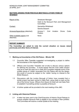 NONSUCH PARK JOINT MANAGEMENT COMMITTEE 24 APRIL 2017 MATTERS ARISING from PREVIOUS MEETINGS & OTHER ITEMS of INTEREST Repor