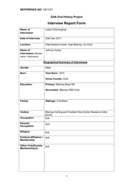 GAA Oral History Project Interview Report Form