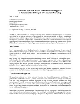 Comments by Eric L. Howes on the Problem of Spyware in Advance of the FTC April 2004 Spyware Workshop