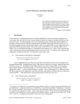 Vowel Harmony and Stem Identity*