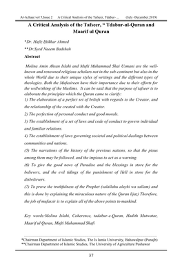 A Critical Analysis of the Tafseer, “ Tdabur-Ul-Quran and Maarif Ul Quran